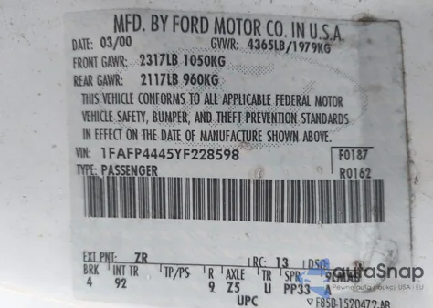 2000 Ford Mustang from USA, damaged, VIN 1FAFP4445YF228598